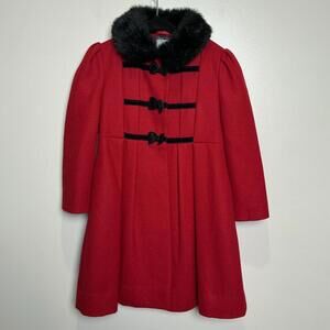 Vintage Rothschild‎ Girls Red Wool Dress Coat Fur Trim Size 5 Union Made In USA